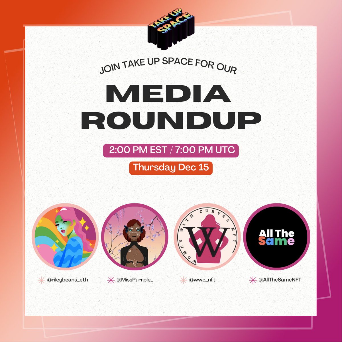 We are hosting a special 2h Media Roundup!

The 1st hour @rileybeans_eth joins us and the 2nd hour we will share the stage with <a href="/AllTheSameNFT/">All The Same</a> <a href="/wwc_nft/">Women With Curves.eth | MINTING NOW</a> and <a href="/misspurple/"></a> 🔥

Set your reminders &amp; join us for a chat focusing on media and representation!

x.com/i/spaces/1lDGL…