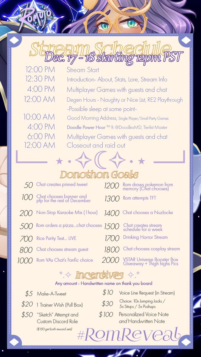 Romujo's tweet photo. #RomReveal SCHEDULE AND DONOTHON GOALS UP~!
Share around and see you this weekend for all the shenanigans, thanks yous, and celebrations for being part of my life this year. Here's to a new look, and I'm excited to have you here, and hoping for your support for a new GPU! https://t.co/UckPkn86H5