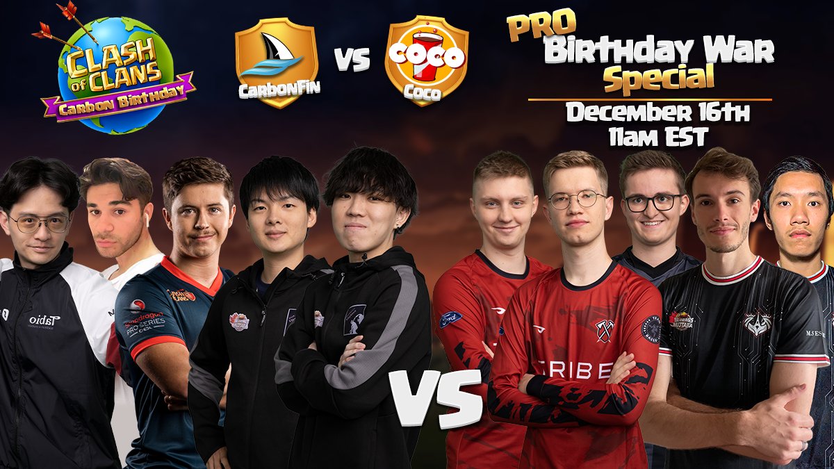 CarbonFin's tweet photo. An EPIC Match before the Birthday War Draft! 

🗓️ Friday, December 16th at 11am EST | 5pm CET

Team 1: @XbbXTeam | @HZ_aarri | @Lexnos_ | @STARs_coc_ | @Klaus_coc 

Team 2: @riqirez | @coc_Cronos | @jojo23_coc | @MS_TryHard | @MS_Ghost_ 

Who wins? Comment Below ⬇️ #ClashofClans https://t.co/8xMgNauKvF
