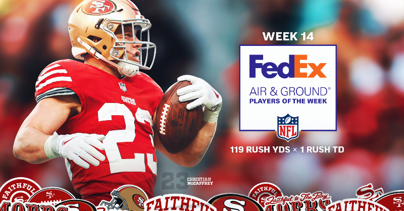 49ers's tweet photo. Congrats @CMC_22 on being named the @FedEx Ground Player of the Week for Week 14! 

#ProBowlVote Christian McCaffrey