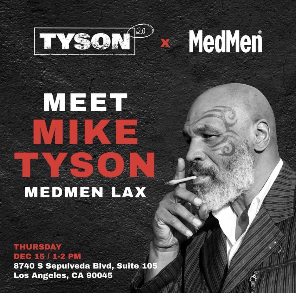 medmen's tweet photo. The Champ is in the building 🥊 Meet, greet, and snap a picture with Mike Tyson 🔥 Tomorrow at MedMen LAX from 1-2 P.M.! Must purchase $75 worth of Tyson 2.0 products to receive a Meet &amp; Greet exclusive access wristband. https://t.co/EIreEnPMgw