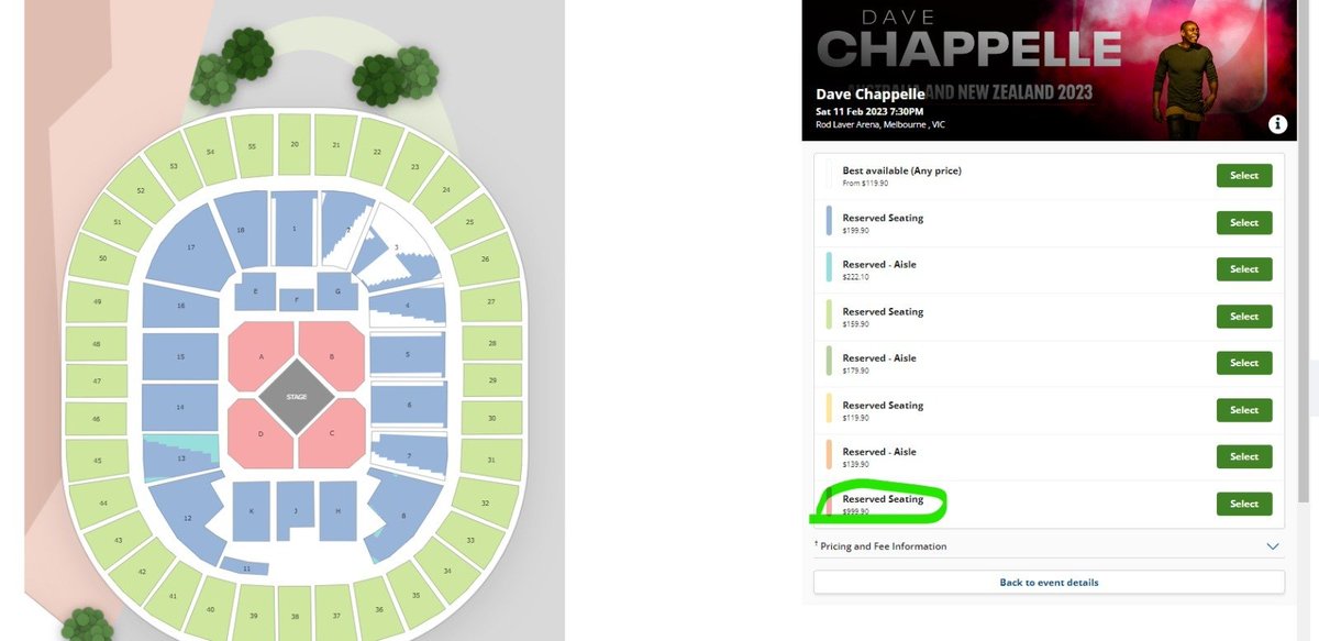 TicketingFair's tweet photo. For just a small fee of $999 per person, you can see @DaveChappelle in Melbourne @Ticketek_AU not even disguising this stuff with a VIP package anymore, just charging $800 extra for a closer section. Who are the scalpers here? @rolfep https://t.co/sh7gqU2d2q