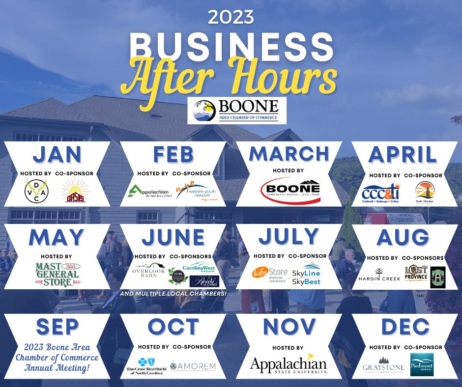 Boone Area Chamber of Commerce (@boonencchamber) on Twitter photo 🌟BUSINESS AFTER HOURS 2023!🌟
Join us each month while we visit a wide array of businesses across the High Country. All events are open for registration! See you at Deer Valley on January 12th to kick off the year!
📲 boonechamber.com/events/ #boonebizafterhours #828isgreat 🌟BUSINESS AFTER HOURS 2023!🌟
Join us each month while we visit a wide array of businesses across the High Country. All events are open for registration! See you at Deer Valley on January 12th to kick off the year!
📲 boonechamber.com/events/ #boonebizafterhours #828isgreat