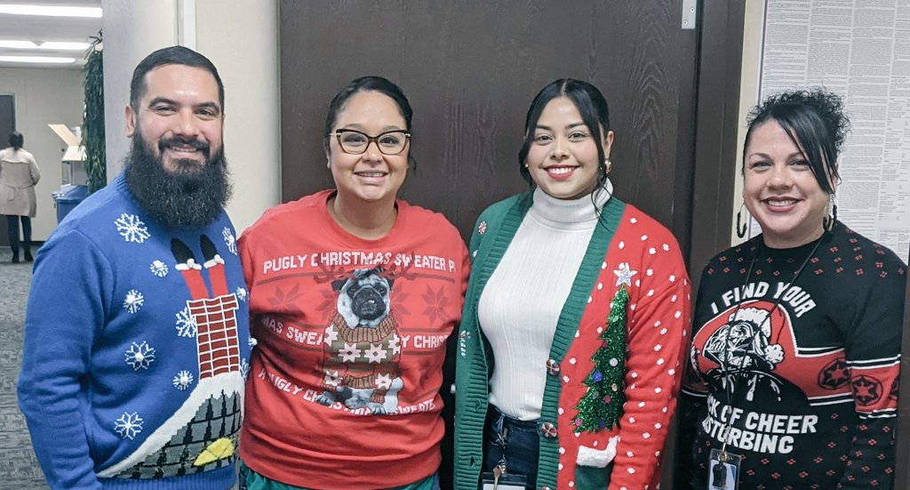 Mrs_Duhart365's tweet photo. Our Not so Ugly Christmas Sweaters --- a little district office cheer ❤️💚❄️🎄
#lastweekbeforebreak
#WeAreLESD
#SomosLESD https://t.co/A4oHMngak3