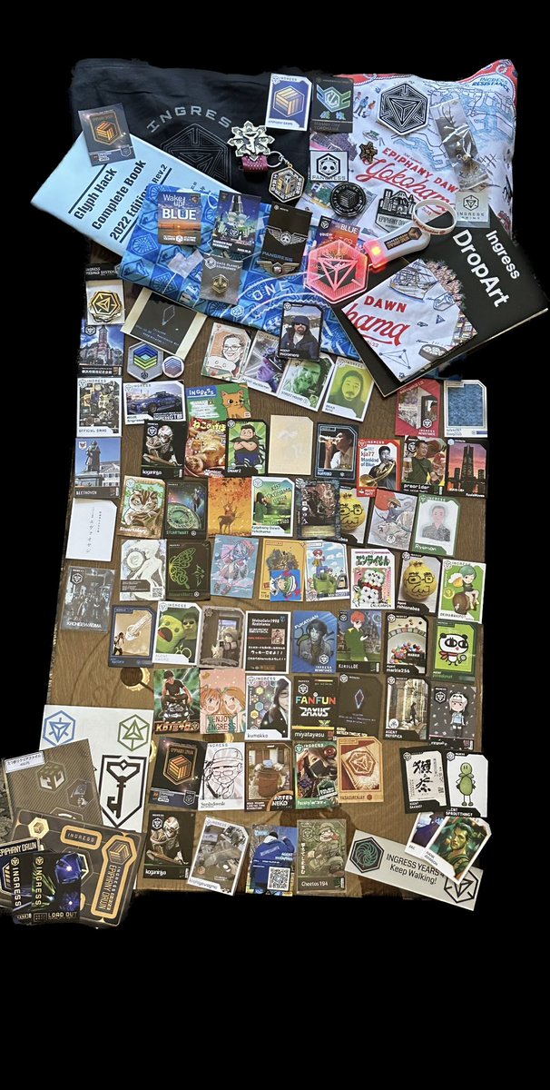 mr_micromero's tweet photo. Thank You Yokohama! I enjoyed meeting Agents, playing Ingress, exploring the city, and eating so much great food! And look at all this swag I brought home (minus the shirts) Thank you Agents for all the bio cards especially #EpiphanyDawnYokohama https://t.co/WrVOicynPf