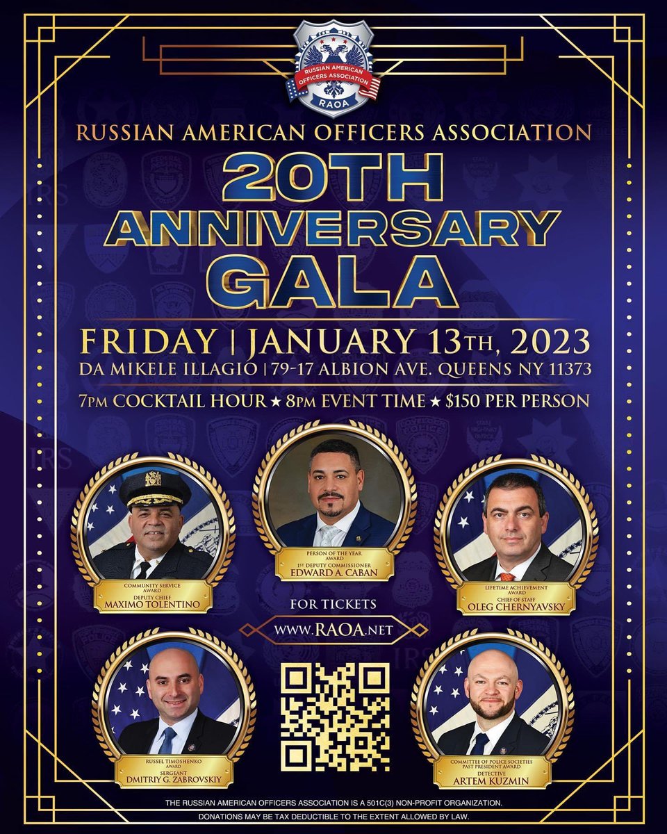 RAOA (@rusassoc) on Twitter photo We are less than 1 month away from our historic, 20th anniversary holiday gala! Secure your tickets now as they are selling fast. Contact financialsecretary@raoa.net for seating requests.
Fraternal organizations may reach out to any RAOA board member to secure tickets. We are less than 1 month away from our historic, 20th anniversary holiday gala! Secure your tickets now as they are selling fast. Contact financialsecretary@raoa.net for seating requests.
Fraternal organizations may reach out to any RAOA board member to secure tickets.