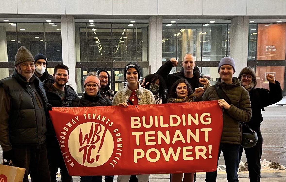 WBTC members and tenants from 149 Langside outside of today’s RTC above-guideline rent increase appeal hearing. Solidarity w/all tenants facing displacement &amp; massive rent hikes! Manitoba must end AGIs &amp; restore real rent control! #mbpoli #HousingCrisis