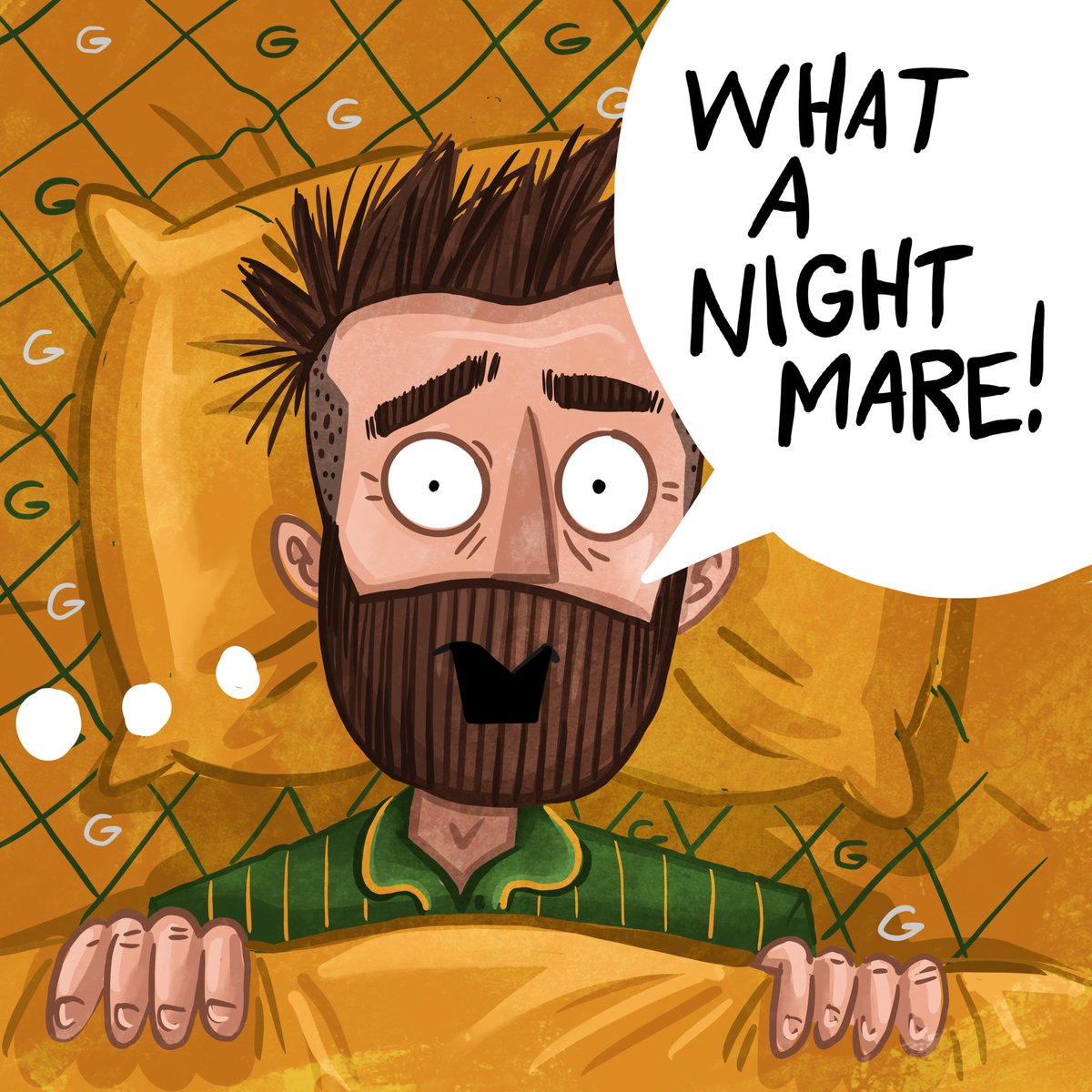 LeapsOfLogic's tweet photo. Who knew Murphy's law was referring to Mark Murphy this whole time? Anything that can go wrong has during this nightmare campaign. Hopefully we'll wake up next August ready for a season full of sweeter dreams.

#packers #greenbaypackers #gopackgo #illustration #nfl #football https://t.co/91a6Q16iNM