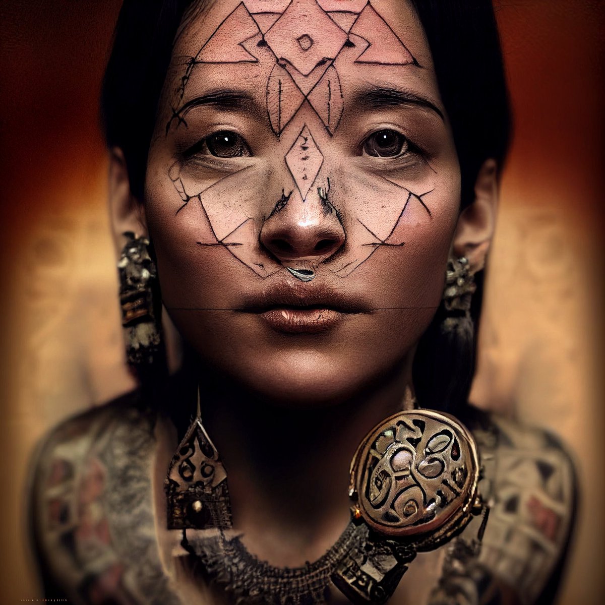 DmitriyNFTArt's tweet photo. #ai #art #nftartist ancient inscriptions tattooed face woman wearing ancient jewelry , hyper realistic style, Cinema 4D style, I'm really engine style, Kodak style, ambient light, volumetric light https://t.co/V8PcBfe4ui