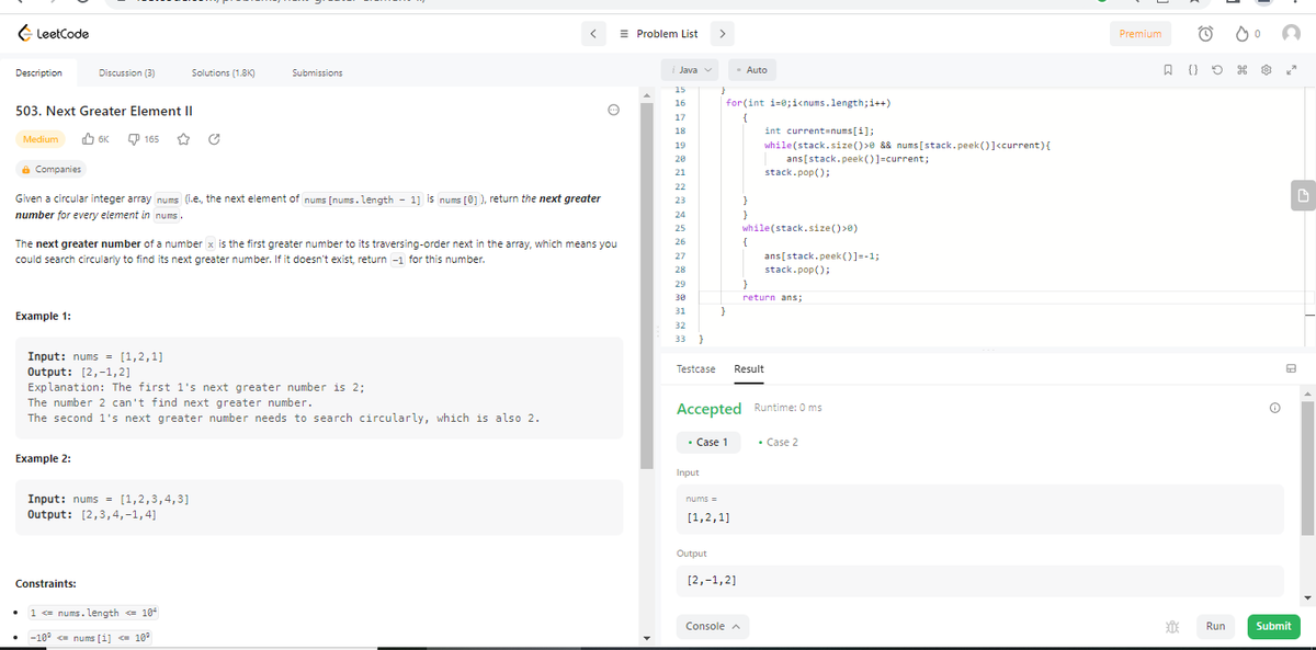 makwana_mrudula's tweet image. Days(41/100);
#100DaysIfCode
#JAVA

Topic: Stacks 

Problem:Next Greater Element 
II