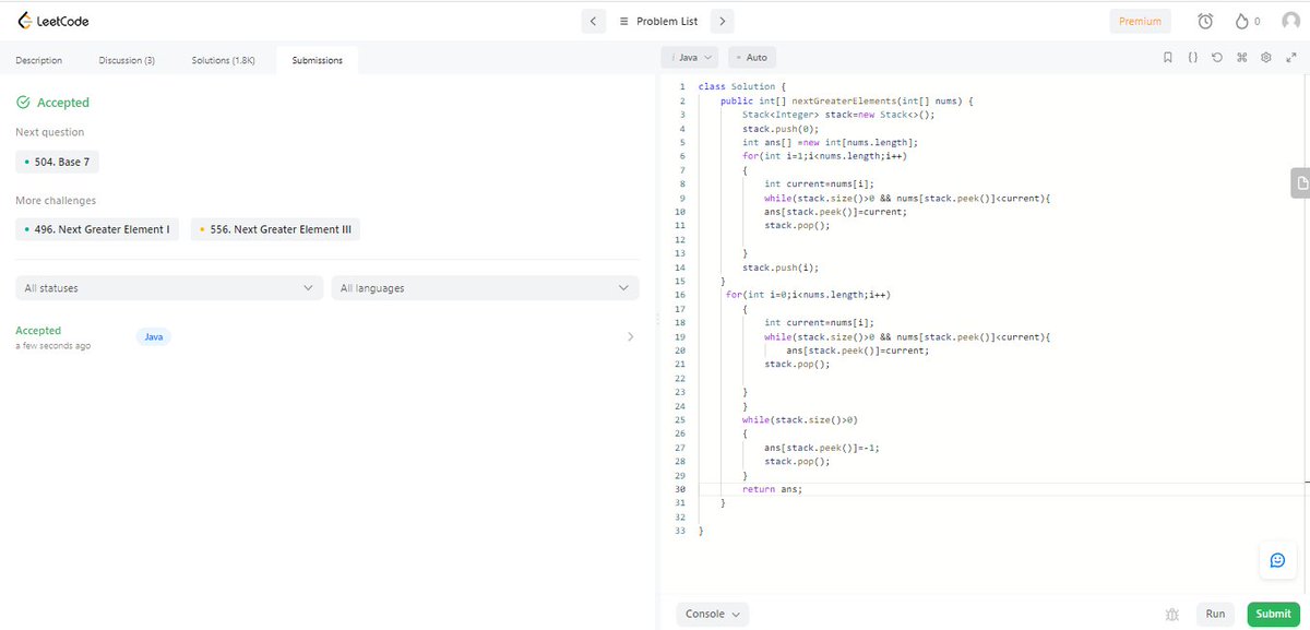 makwana_mrudula's tweet image. Days(41/100);
#100DaysIfCode
#JAVA

Topic: Stacks 

Problem:Next Greater Element 
II