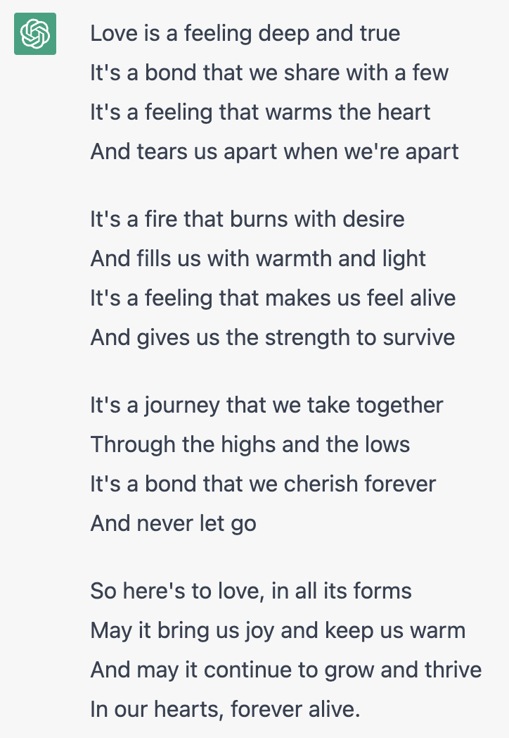 I asked #ChatGPT to write a poem about Love...My son asked it to write a paper on how FDR and the New Deal lifted the United States out of the Great Depression... it did both easily...I told you this was coming! #edchat #edu #edtech