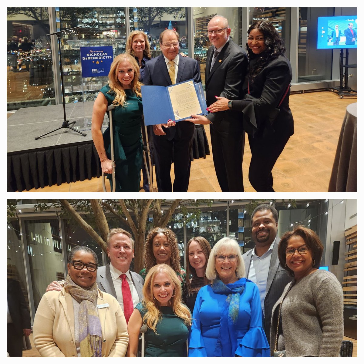 SheilaShowPHL's tweet photo. A great night recognizing &amp; thanking Nick DeBenedictis for his dedicated 18 years serving as board chair for @discoverPHL &amp; the impact he has made on the #hospitality industry. Congratulations to Karen Dougherty Buchholz, new board chair for #PHLCVB. #conventions #hotels #events https://t.co/q7soLESqcX