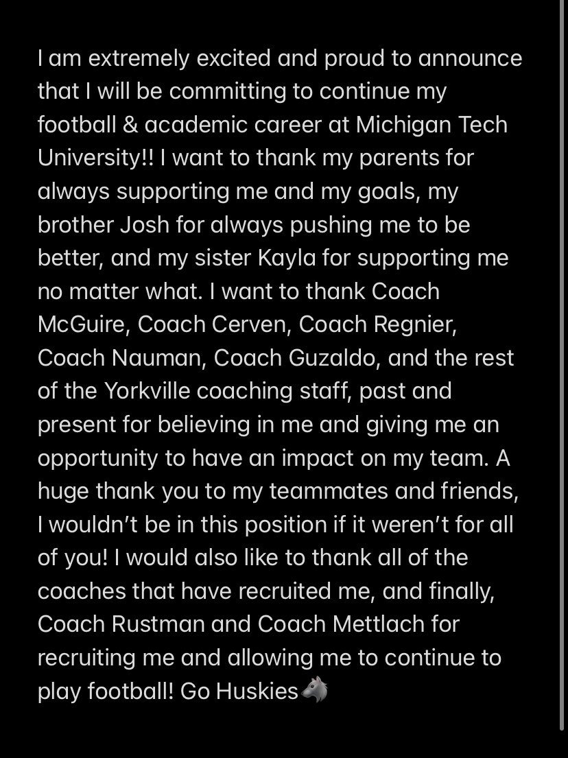 COMMITTED. Go Huskies🐺 <a href="/CoachDanMcGuire/">Dan McGuire</a> <a href="/YHSAthletics115/">Yorkville Foxes</a> <a href="/CoachRustman/">Jack Rustman</a> <a href="/DanMettlach/">Dan Mettlach</a> <a href="/MTUFB/">Michigan Tech Football</a>