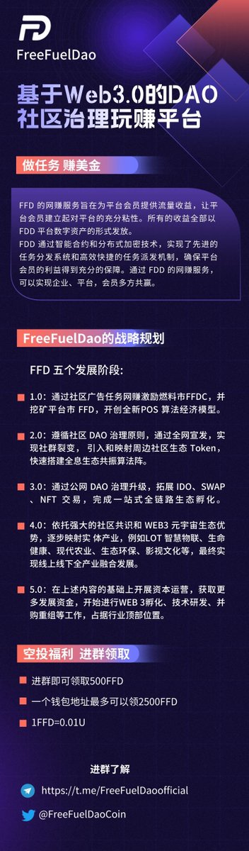 FreeFuelDaoCoin's tweet photo. 🌈FFD三期空投和预售规划
1⃣第一期2500万FFD/7000持币地址
2⃣第二期3000万FFD/10000持币地址
3⃣第三期4500万/13000持币地址。
空投及预售完成后，FFD 将在 Pancake交易所推出。
上线价格：0.01USDT
预售地址：
0x9966AEE529Dd741095B18b0852CcA1DBee55A69d

电报群链接
https://t.co/ntToUScKmP🌈🌈 https://t.co/iS9cxNNfNE