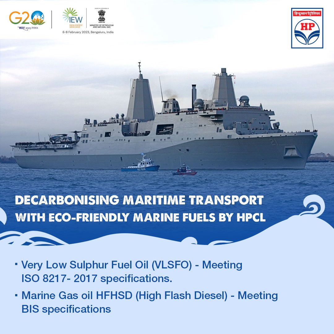 HPCL's tweet photo. A reliable bunker supplier for more than 25 years, #HPCL produces sustainable marine fuels that propel us on the #Road2Decarbonisation. Our VLSFO & HFHSD ensure reduced carbon emissions. #IndiaEnergyWeek2023
@g20org https://t.co/3Lp6oaFJEu