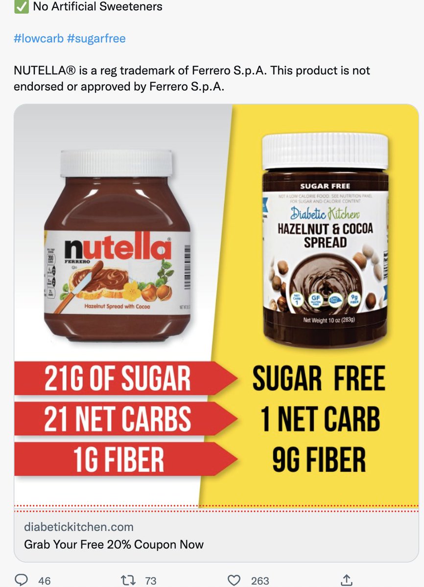 This is why it's not worth advertising on Twitter. In a trending feed of people dunking on Musk for spending "$44 billion" here's an ad for a <a href="/NutellaUSA/">Nutella</a> knockoff called <a href="/diabetickitchen/">Diabetic Kitchen</a> . What a waste of ad dollars...