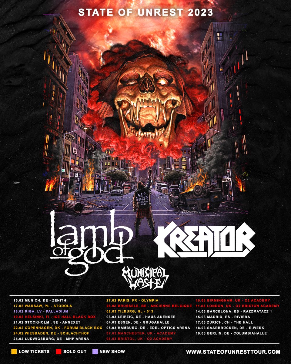 Catch us on tour in Europe with @LambOfGod and @Kreator this Feb-March! Tickets at 👉 municipalwaste.net/tour #MunicipalWaste #LambOfGod #Kreator