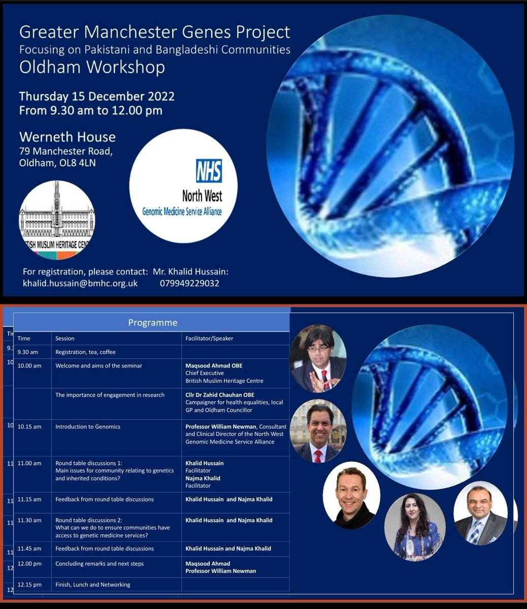 Come and join us and find out more about the Greater Manchester Genes Project: Oldham Workshop. <a href="/ChauhanZahid/">Zahid Chauhan, OBE,FRCGP</a> <a href="/DrTariqChauhan/">Tariq Chauhan</a> <a href="/amirhannan/">Dr Amir Hannan MBE</a> <a href="/GeneticBill/">Bill Newman</a> <a href="/NHSgms/">NHS Genomic Medicine Service</a>