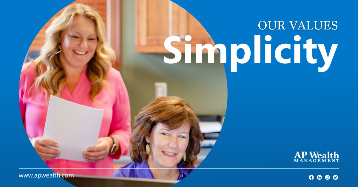 apwealth's tweet photo. OUR VALUES | Simplicity  ➡️ #Personalfinances are full of complex topics and concepts. We do our best to simplify things in a way that makes sense to you and gives you peace of mind. Mission &amp; Values: https://t.co/vsxClPMjQA

#financialplanning #investmentmanagement https://t.co/HqjJbbtr99