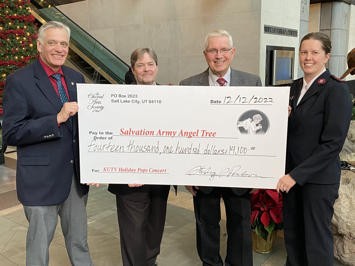 SalArmySLC's tweet photo. The Choral Arts Society of Utah Board Members, along with @KUTV2News Sterling Poulson present Lt Kate Combs with a check for $14,100. This donation was a result of the Annual KUTV Holiday Pops Concert held on December 3. The Salvation Army is grateful for the community support. https://t.co/XIgc06T6gC