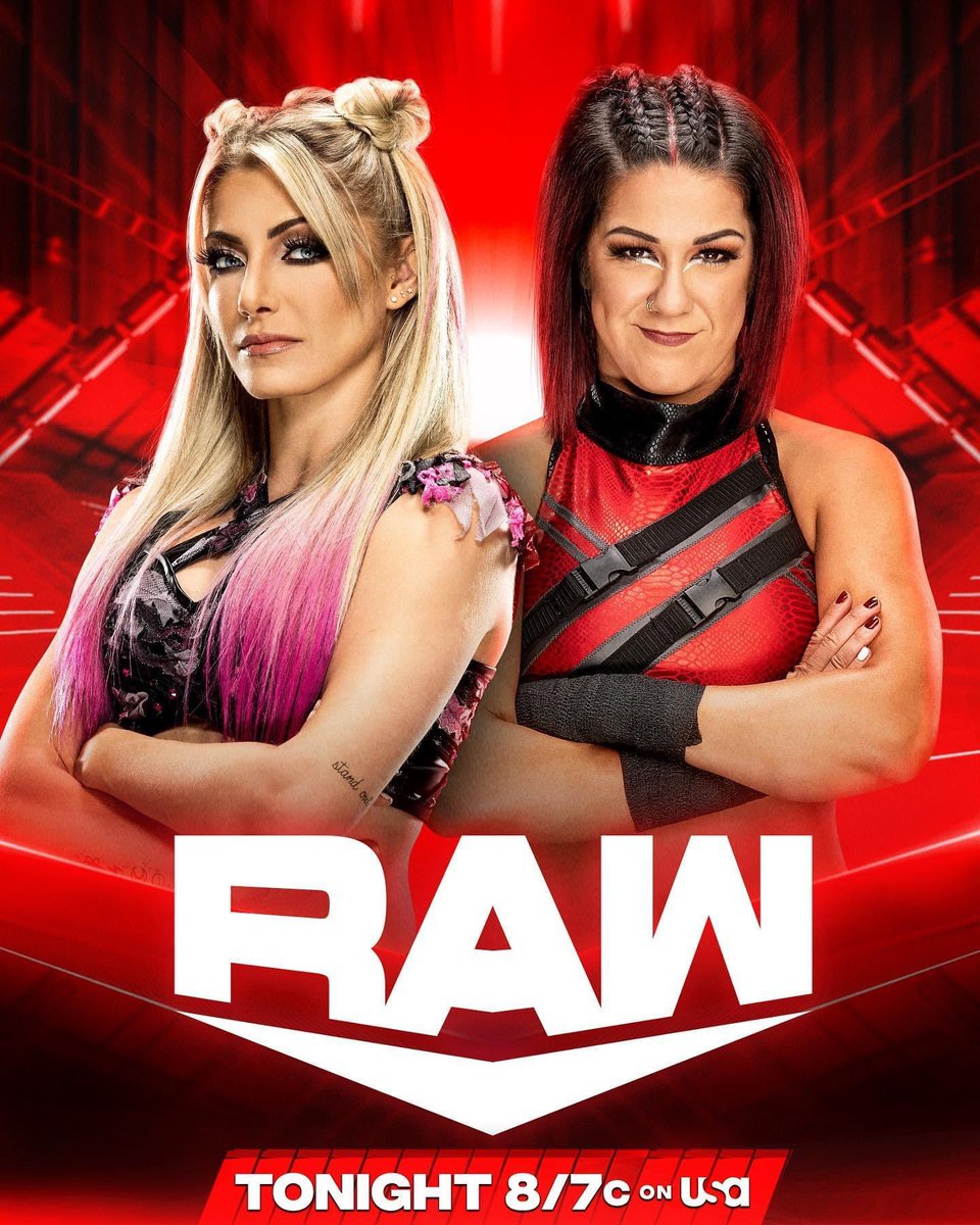 Thenandnowwres2's tweet photo. TONIGHT on #WWERaw:

🇺🇸 @wwerollins and @bobbylashley battle for a shot at the #USTitle!

🏆 @alexa_bliss_wwe_ and @itsmebayley fight for a shot at the #WWERaw Women’s Championship!

😤 @candicelerae vs. @iyo_sky!

📺 8/7c on @usa_network https://t.co/mJUCIw8eJi
