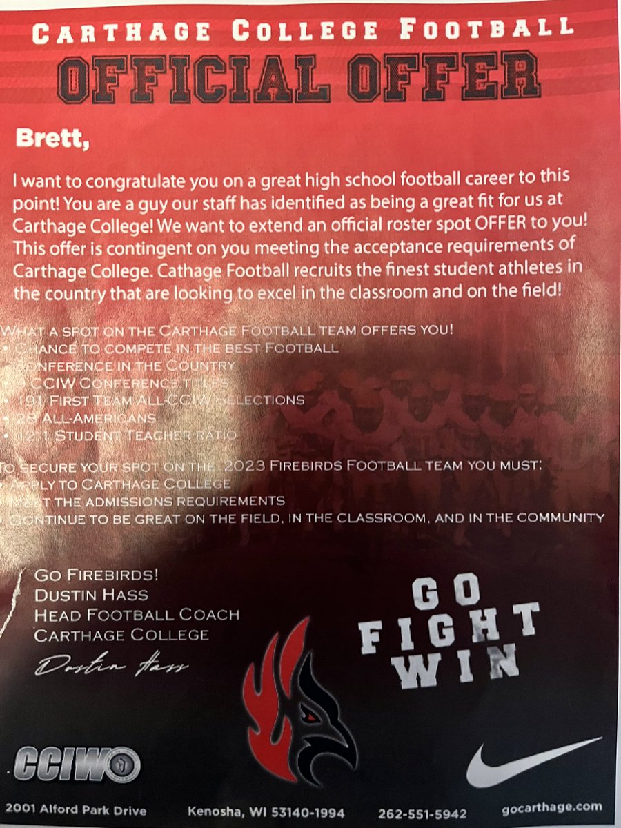 BrettMcintosh18's tweet photo. After a great visit yesterday @Carthage_FB and great conversations with @CoachDustinHass and @Coach_Muehling I would like to say I’ve received an offer from Carthage College Go Firebirds 🔴⚫️ @RhsSpartanfball @SpartansBooster https://t.co/a5cjSh2qYt