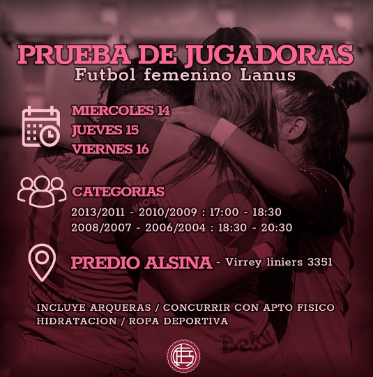 ⚽️ ¡EL CLUB ATLÉTICO LANÚS PRUEBA JUGADORAS! ⚽️

Inscripciones mediante el formulario de #GoogleForms publicado en las historias de IG (futbolfemeninoclublanus)