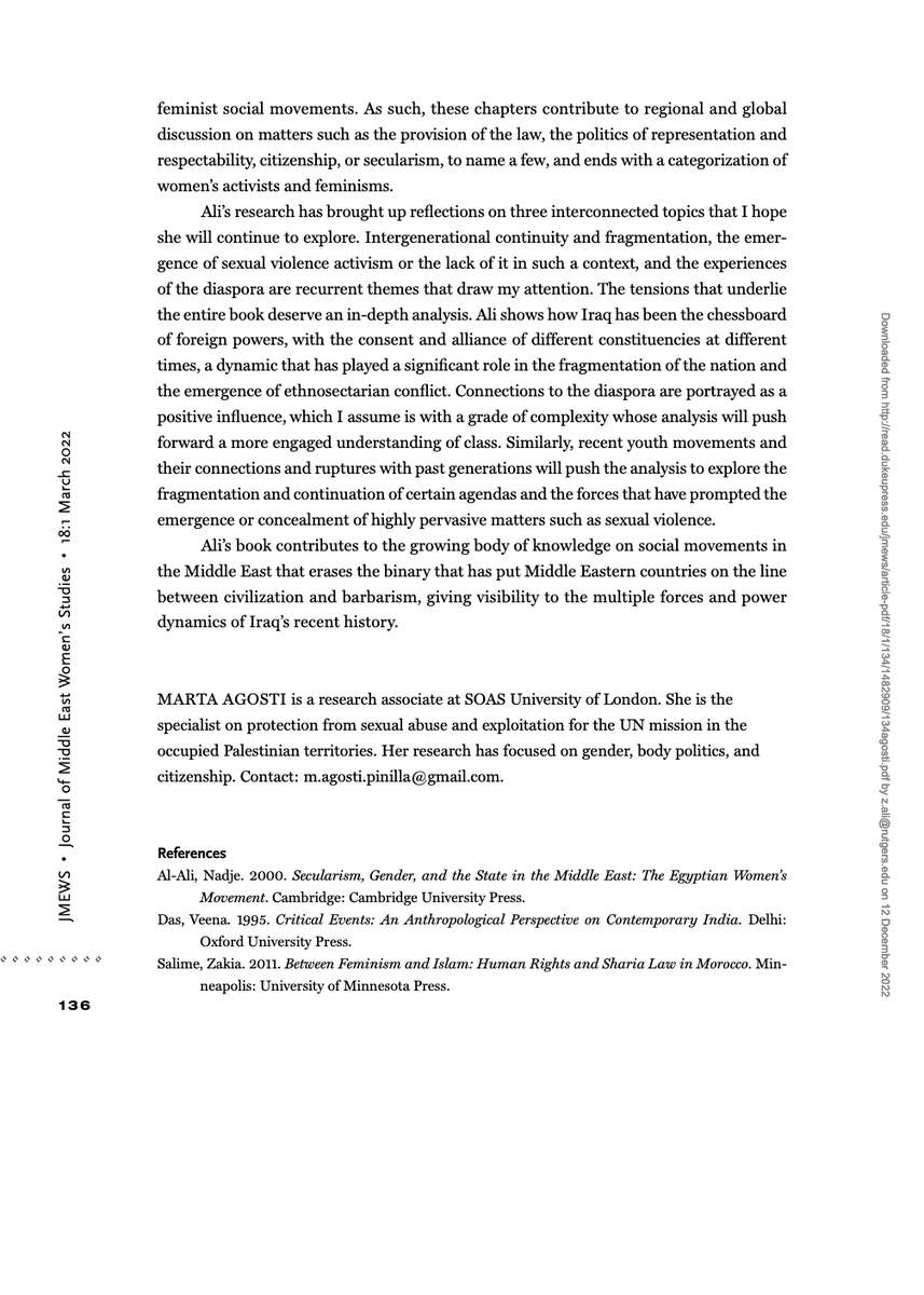 Really touched by this review of my book 'Women and Gender in Iraq' that I just discovered while scrolling through <a href="/JMEWS/">JMEWS</a> articles. It was published in march this year. Such a nice surprise that brightened a gloomy day!
#Iraq #Women #Gender #Uprising