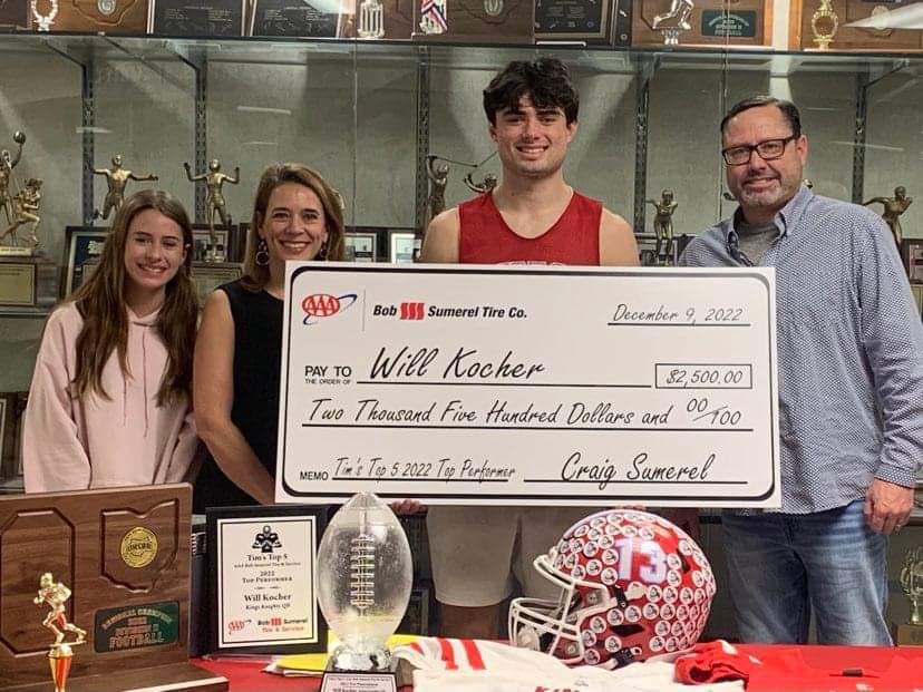 The 2022 Tim’s Top 5 AAA/Bob Sumerel Tire &amp; Service Top Performer Kings Knights Senior QB Will Kocher. In 2022, 4,741 Passing Yards, 50 TD’s, 750 Rushing Yards, 15 TD’s, Led Kings To Their First State Regional Title, 2nd in The Nation in Passing Yards. Congrats!