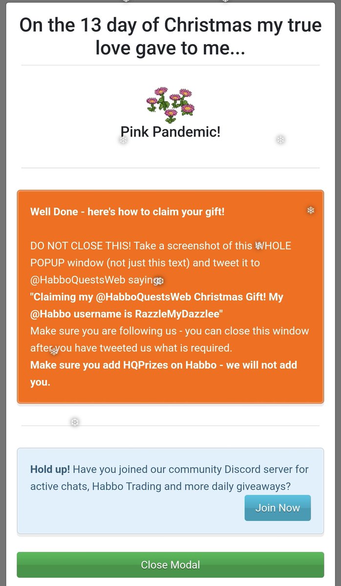 Claiming my <a href="/HabboQuestsWeb/">HabboQuests.co</a> Christmas Gift! My 
<a href="/Habbo/">Habbo</a> username is RazzleMyDazzlee