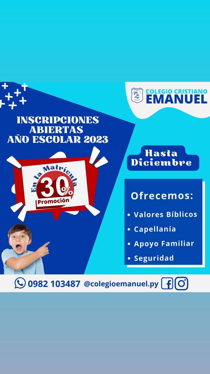 ColegiosCPIEDAD's tweet photo. Te recordamos ya estamos con nuestras INSCRIPCIONES ABIERTAS!! ️ Año lectivo 2023. Aprovecha nuestra promoción de descuento en matrícula. Vos Mamá, Papá, ¡ya podes matricular a tus hijo/a!
.
.
#colegioscristianospiedad #educacion #colegios #noviembre2022 #paraguay #asuncion https://t.co/9zlMugHiyS