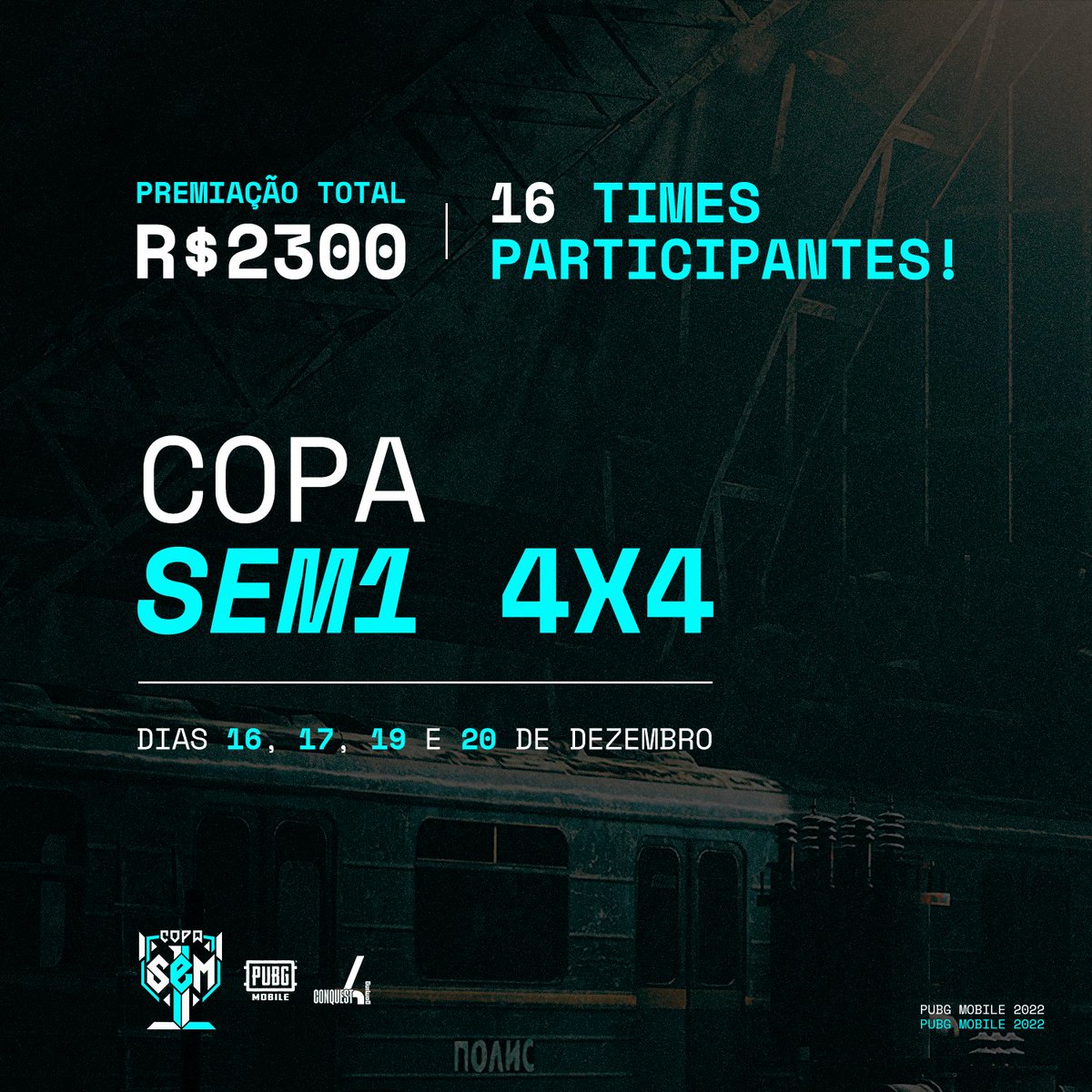 E tem mais novidades por aqui hoje 😎

O brabo <a href="/sem1clutch/">LIQUID SEM1</a> vai realizar uma Copa 4x4 de #PUBGMobile nos dias 16, 17, 19 e 20/12 com times de peso do cenário!

Se liga que amanhã vai rolar o sorteio do chaveamento em live, às 20h.