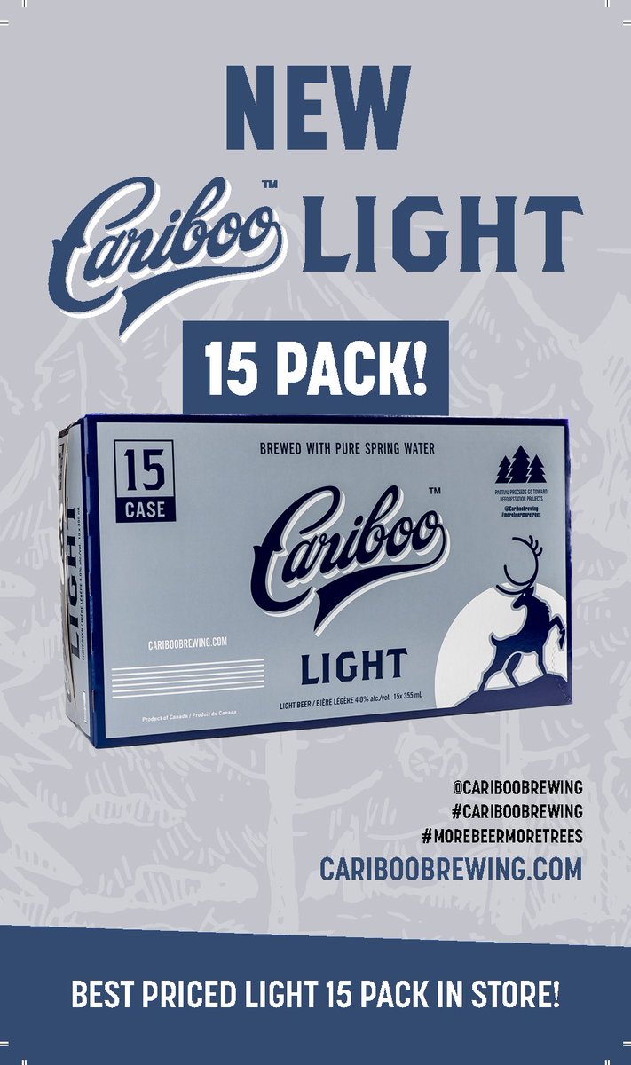 After years of requests for a bigger pack of #CaribooLight the day has finally come. Boo Light 15’ers are now available at participating private retailers across #BritishColumbia ! 

#CaribooBrewing #ThisBeerPlantsTrees