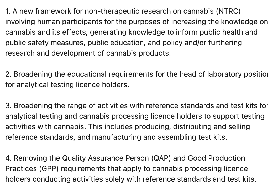 FoxDConsulting's tweet photo. The Regs Amending Certain Regulations Concerning Cannabis Research and Testing and Cannabis Beverages and Amending Schedule 3 to the Cannabis Act came into force on December 2. These reg amendments introduced the following changes related to cannabis research and testing: https://t.co/CeZLz2IvDy
