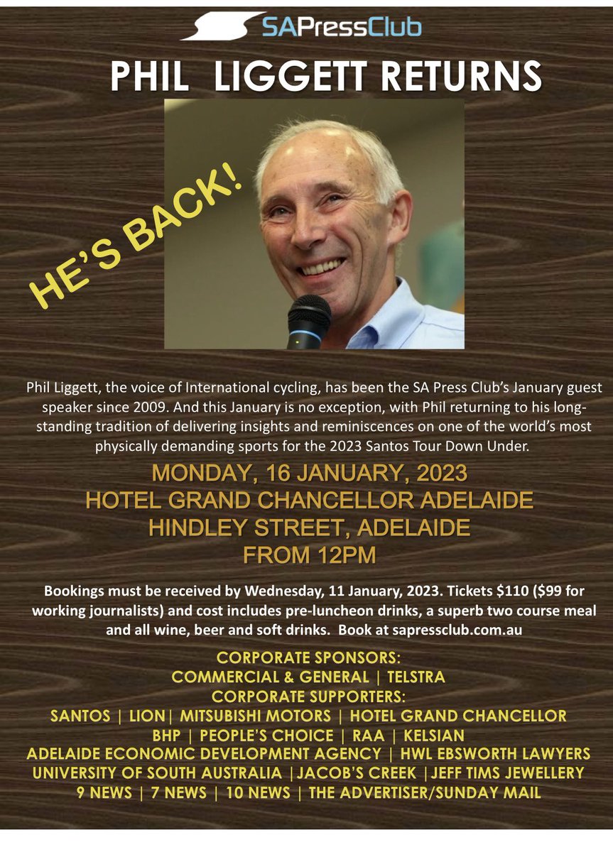 TDU fans get in quickly! Get the good oil from world cycling’s best story teller Phil Liggett. <a href="/SAPressClub/">SA Press Club</a> <a href="/tourdownunder/">Santos Tour Down Under 🚴🚴‍♀️</a> <a href="/tourismsa/">South Australian Tourism Commission</a>