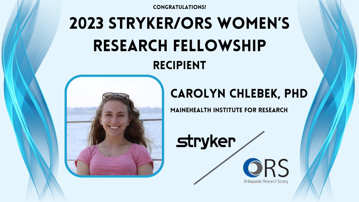 Orthopaedic Research Society (@orssociety) on Twitter photo Congrats to the 2023 recipient of the Stryker/ORS Women's Research Fellowship: <a href="/carolyn_chlebek/">Carolyn Chlebek, PhD</a> of the Rosen lab at <a href="/MaineHealth/">MaineHealth</a>!
As a Stryker fellow, she will investigate bone quality in obese preclinical models following caloric restriction
Learn more: bit.ly/3PjjspR Congrats to the 2023 recipient of the Stryker/ORS Women's Research Fellowship: <a href="/carolyn_chlebek/">Carolyn Chlebek, PhD</a> of the Rosen lab at <a href="/MaineHealth/">MaineHealth</a>!
As a Stryker fellow, she will investigate bone quality in obese preclinical models following caloric restriction
Learn more: bit.ly/3PjjspR