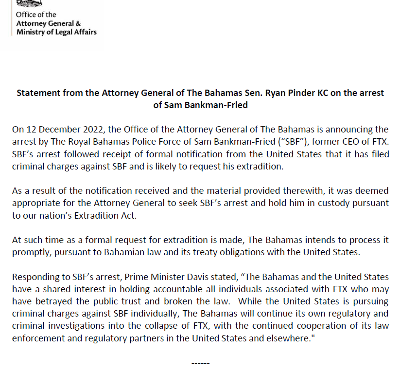 Kr00ney's tweet photo. .@SBF_FTX arrested in Bahamas🚨
 
Emailed statement from Bahamas AG:
"SBF’s arrest followed receipt of formal notification from the United States that it has filed criminal charges against SBF and is likely to request his extradition" https://t.co/wtFh73NrAa