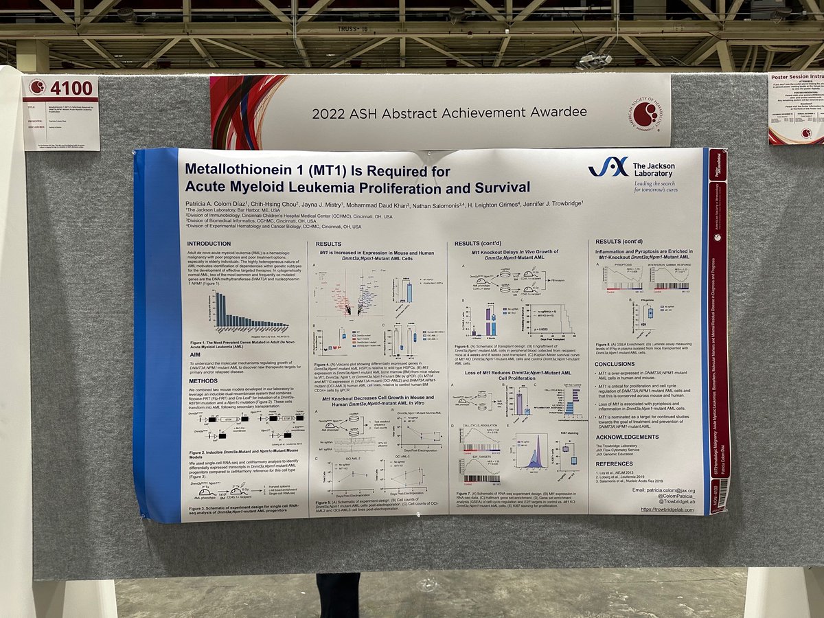 Jennifer Trowbridge (@trowbridgelab) on Twitter photo Check out tonight’s poster 4100 from our lab discovering a functional role for metallothionein in DNMT3A;NPM1-mutant AML! #ash2022 <a href="/ColomPatricia_/">Patricia A. Colom Díaz</a> <a href="/jaynathemistry/">Jayna Mistry</a> Check out tonight’s poster 4100 from our lab discovering a functional role for metallothionein in DNMT3A;NPM1-mutant AML! #ash2022 <a href="/ColomPatricia_/">Patricia A. Colom Díaz</a> <a href="/jaynathemistry/">Jayna Mistry</a>