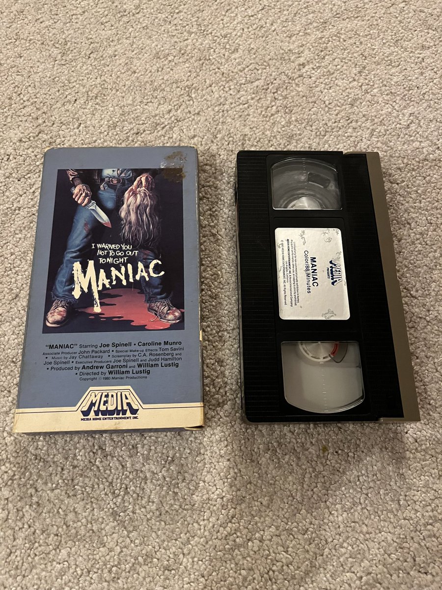 JOECARSONII1's tweet photo. Maniac

Media Home Entertainment 
Catalogue No. M155

From my collection.  Video store purchase sometime in the mid 1990’s. #VHS #VideoNasty #Horror #MediaHomeEntertainment #JoeSpinell #WilliamLustig #BlueUnderground #CarolineMunro https://t.co/DoarOjbLJW