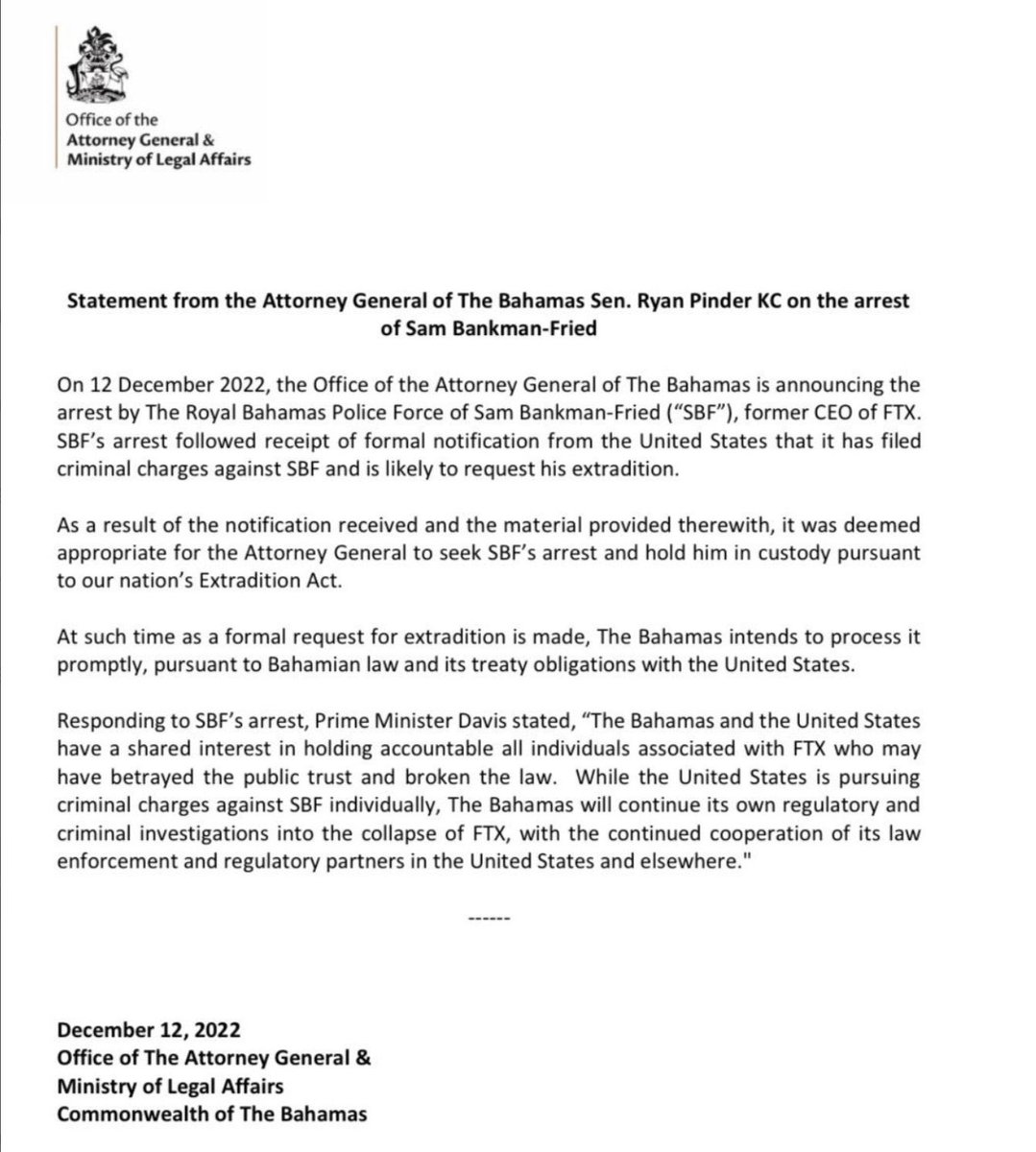 bigredwavenow's tweet photo. 🚨BREAKING: Sam Bankman-Fried has been arrested by Bahamian police following a “receipt of formal notification from the US that it has filed criminal charges against SBF and is likely to request his extradition.”Also he didn’t #EpsteinHimSelf #Hohoho #SantaKnew #LessThan24Hours https://t.co/4Kwew4mXnh