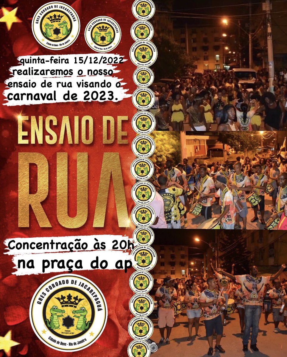 coroadojpa's tweet photo. Comunidade!

A espera acabou! Quinta-feira 15/12/2022 realizaremos o nosso primeiro ensaio de rua visando o carnaval de 2023. ⚪ 🟡⚫️

A concentração terá início às 20h  na praça do ap📍

Contamos com a presença maciça de todos os desfilantes e segmentos da agremiação. 😉 https://t.co/4T2n8yifAb