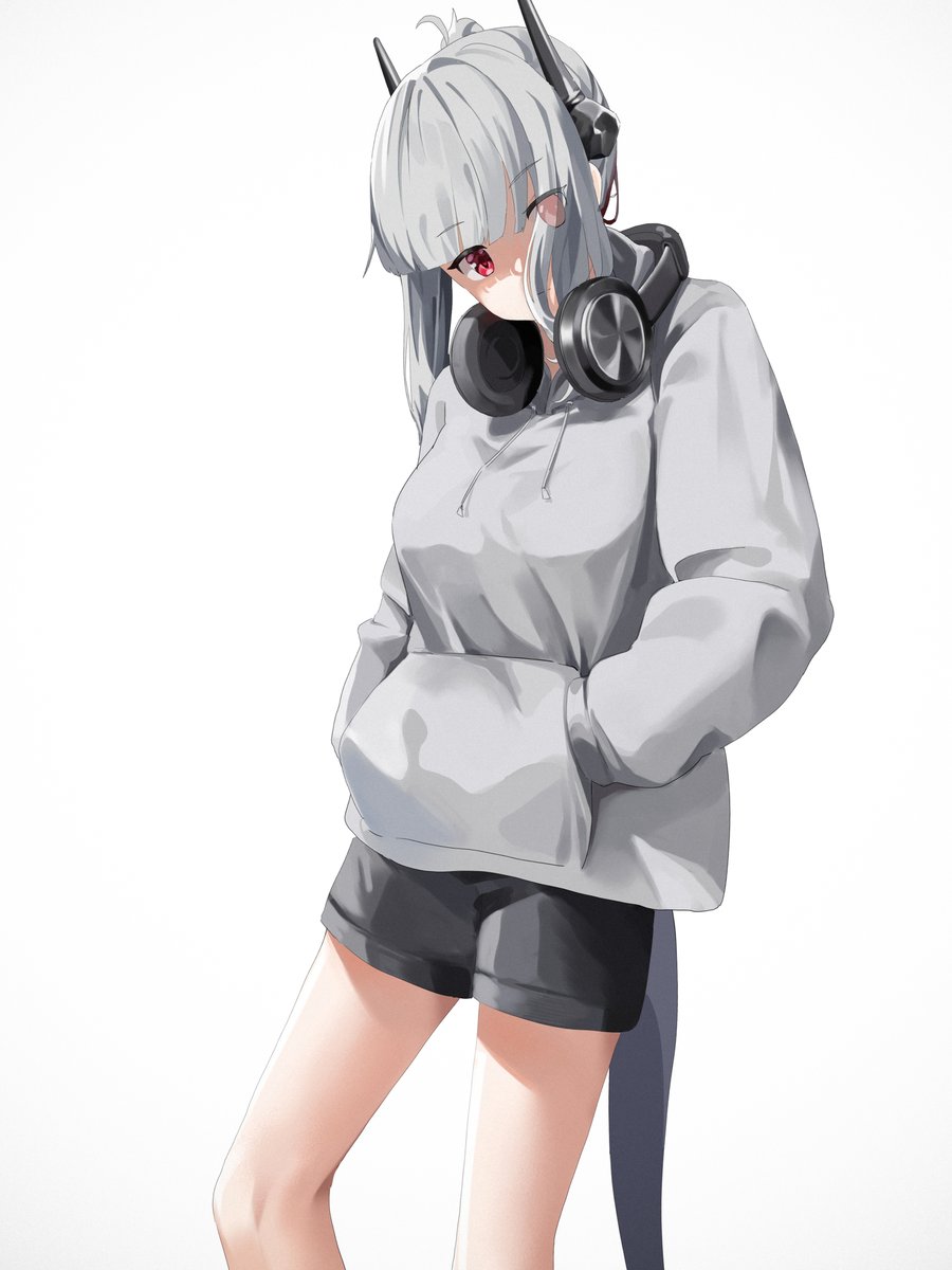 1girl headphones solo shorts red eyes hoodie white background  illustration images