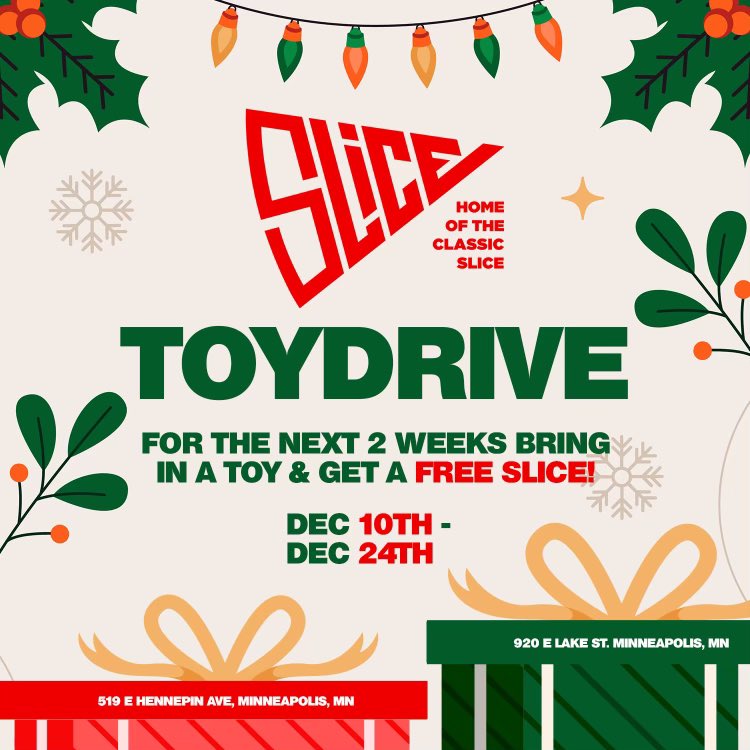 slicebrothers's tweet photo. Seasons greetings! We are inviting and welcoming everyone to join us in our First Annual Toy Drive! 🧸🎁 Bring a new or like new toy to either Slice pizza location from now up until December 24th and get a FREE SLICE OF CHEESE PIZZA! 😱😂 Happy Holidays everyone 🎄 https://t.co/c9xE5BkN9p