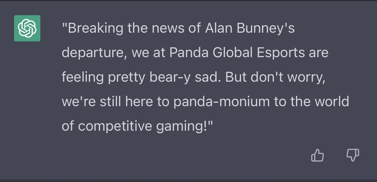 BobbyWasabi's tweet photo. Wasn’t sure what @PandaGlobal’s first tweet back could possibly be so I asked ChatGPT to draft one https://t.co/Ak4g3DwrRk