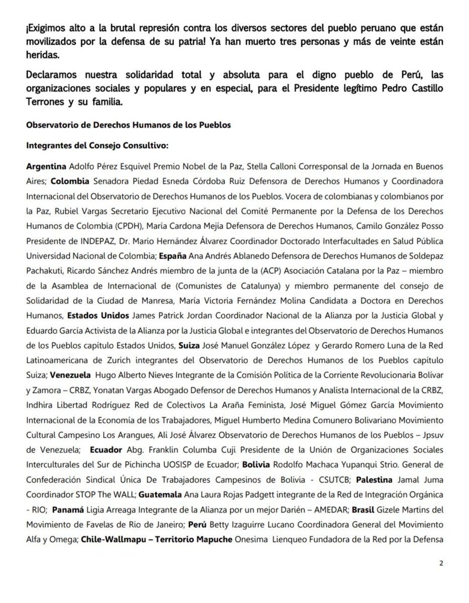 ObservatorioDHP's tweet photo. Al gobierno de facto de @dinaboluartee le exigimos alto a la brutal represión contra los diversos sectores del pueblo peruano que están movilizados por la defensa de su patria. 
Nuestra solidaridad para el digno pueblo de Perú, para el Presidente @PedroCastilloTe y su familia. https://t.co/0FXBdZlXqw