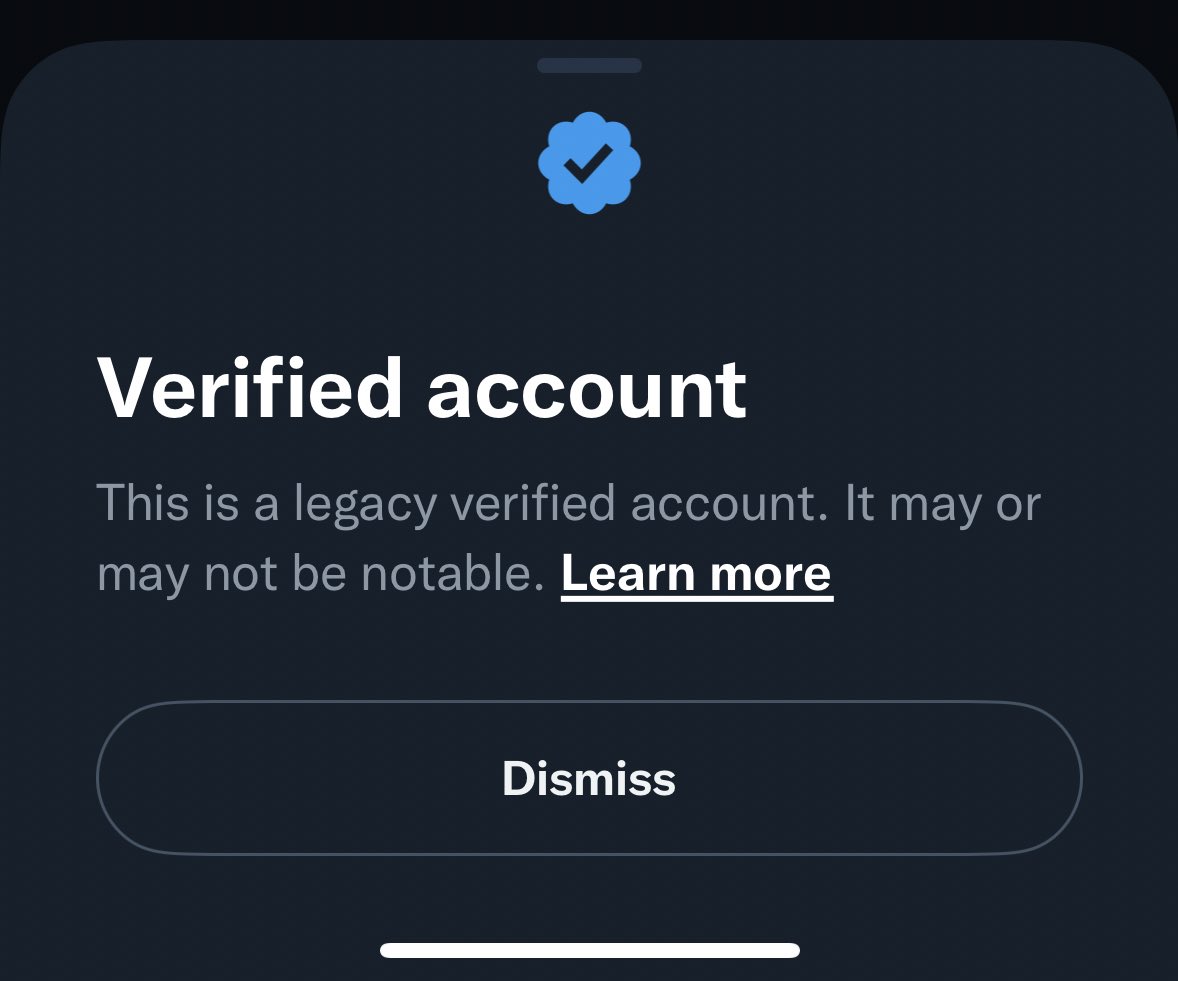 jasonkneen's tweet photo. If you’re a “legacy” checkmark account and sign up for Twitter Blue, you’ll still get this showing when someone clicks your check mark. 

Twitter could dump legacy in future in future but for now legacy + blue = legacy. 

#twitterblue https://t.co/lP5T2UdWMa