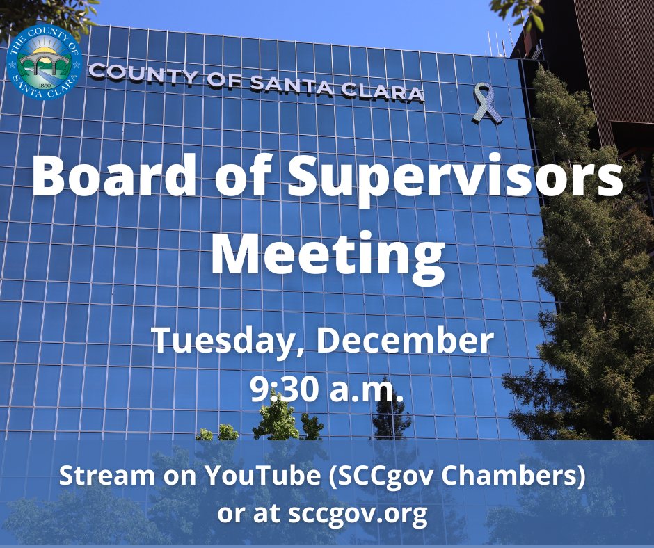 The <a href="/SCCgov/">County of Santa Clara</a> Board of Supervisors meet at 9:30am on Dec. 13. They will give a recognition to outgoing Supervisor <a href="/Mike__Wasserman/">Mike Wasserman</a> for his years of service, receive a report on the Stanford Community Plan, and more. 
Agenda-sccgov.iqm2.com/citizens/FileO…
Stream - youtube.com/channel/UCF4Do…
