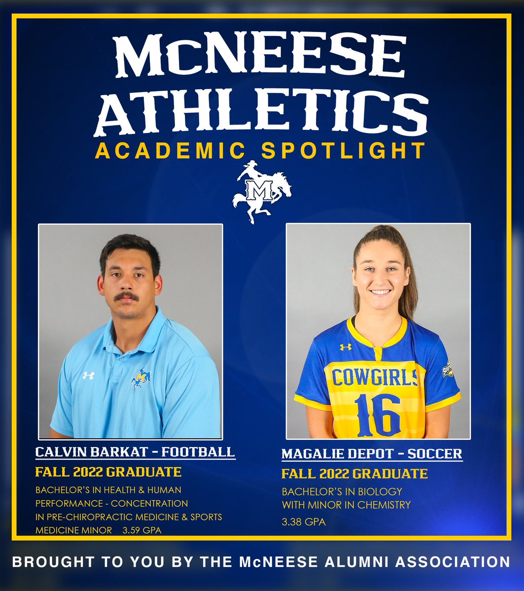 McNeeseSAS's tweet photo. Poke Nation! Help us congratulate the Fall 2022 @mcneesesports Spotlight Graduates! Big Congratulations to these 2 student-athletes on their top notch performance in earning their degrees!! 

🤠📚| #GeauxPokes #Classof2022 https://t.co/DFF0GLiK77