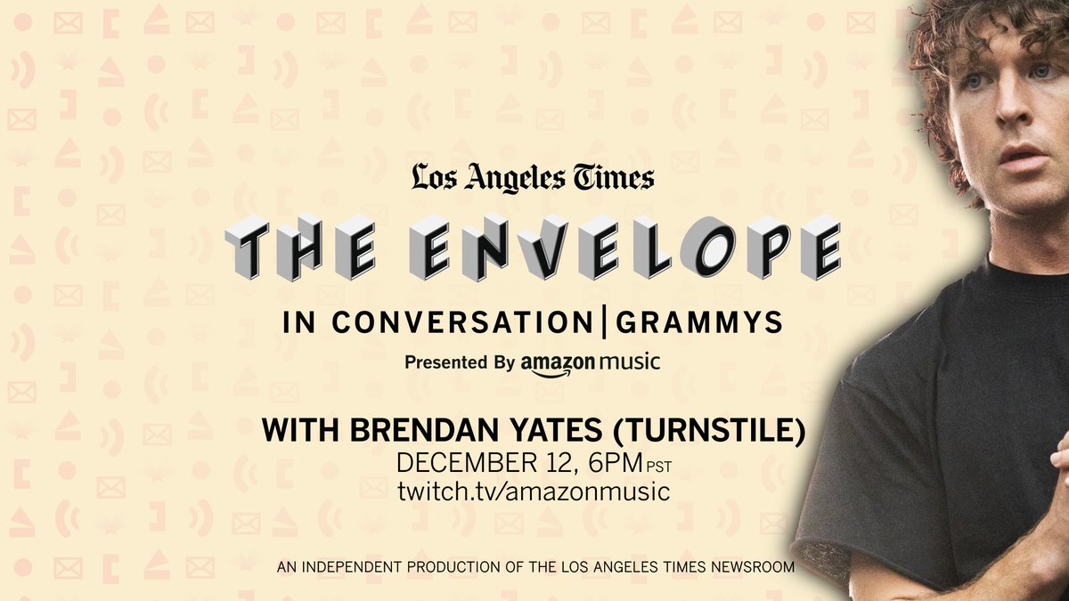 Hardcore band Turnstile (@TURNSTILEHC) is nominated for three #Grammys. Singer Brendan Yates joins Times music writer Suzy Exposito (@HexPositive) today for a conversation on Twitch. Tune in at 6 p.m. PT on @amazonmusic's channel: twitch.tv/amazonmusic